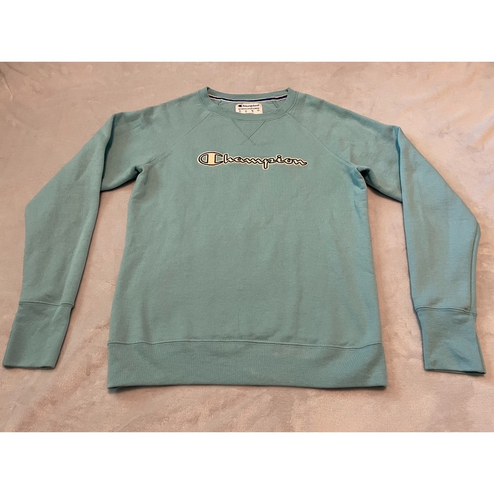 Champion Women's Sweatshirt Spelled Out Light Blue Size S